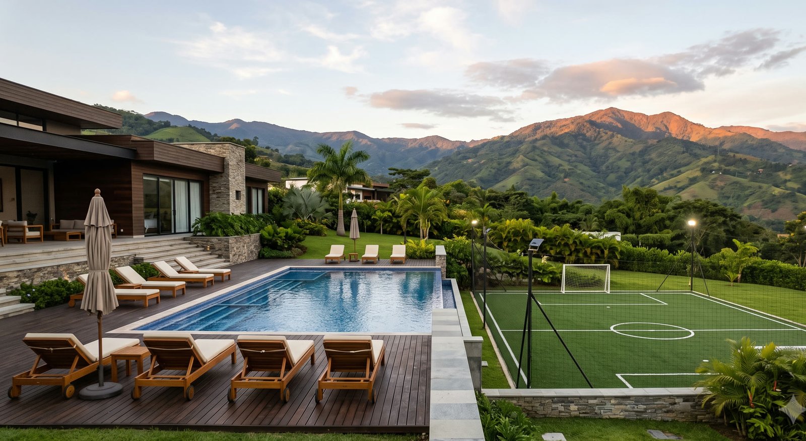 The Sanctuary — piscina y cancha de fútbol privada con vista a Medellín